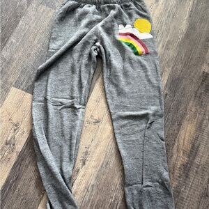Wildfox Gray Joggers with Rainbow and Sun Design